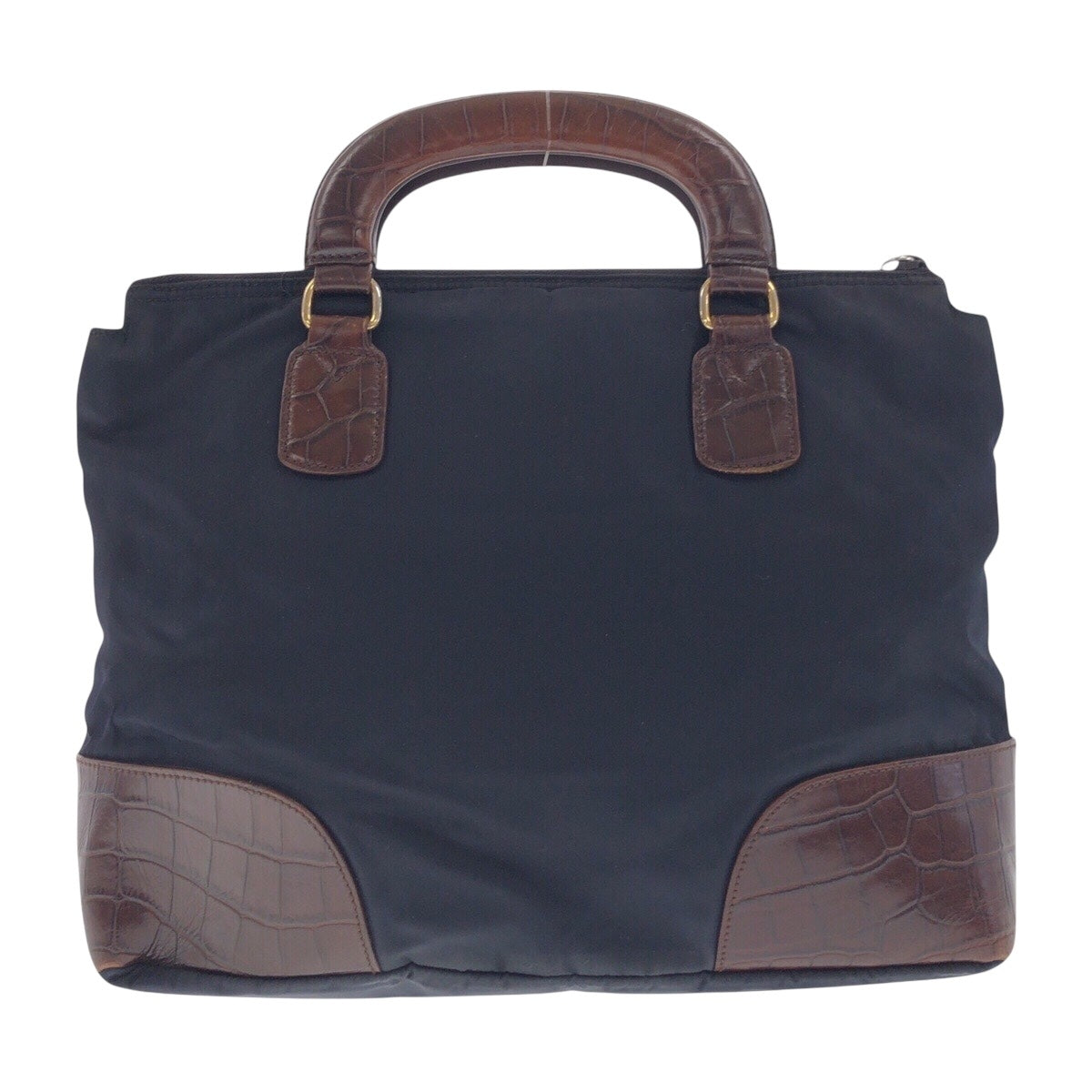 14821
PRADA プラダ テスート 型押し 三角ロゴプレート ネイビー ブラウン ゴールド金具 ナイロン / レザー トートバッグ ハンドバッグ  レディース ABP22