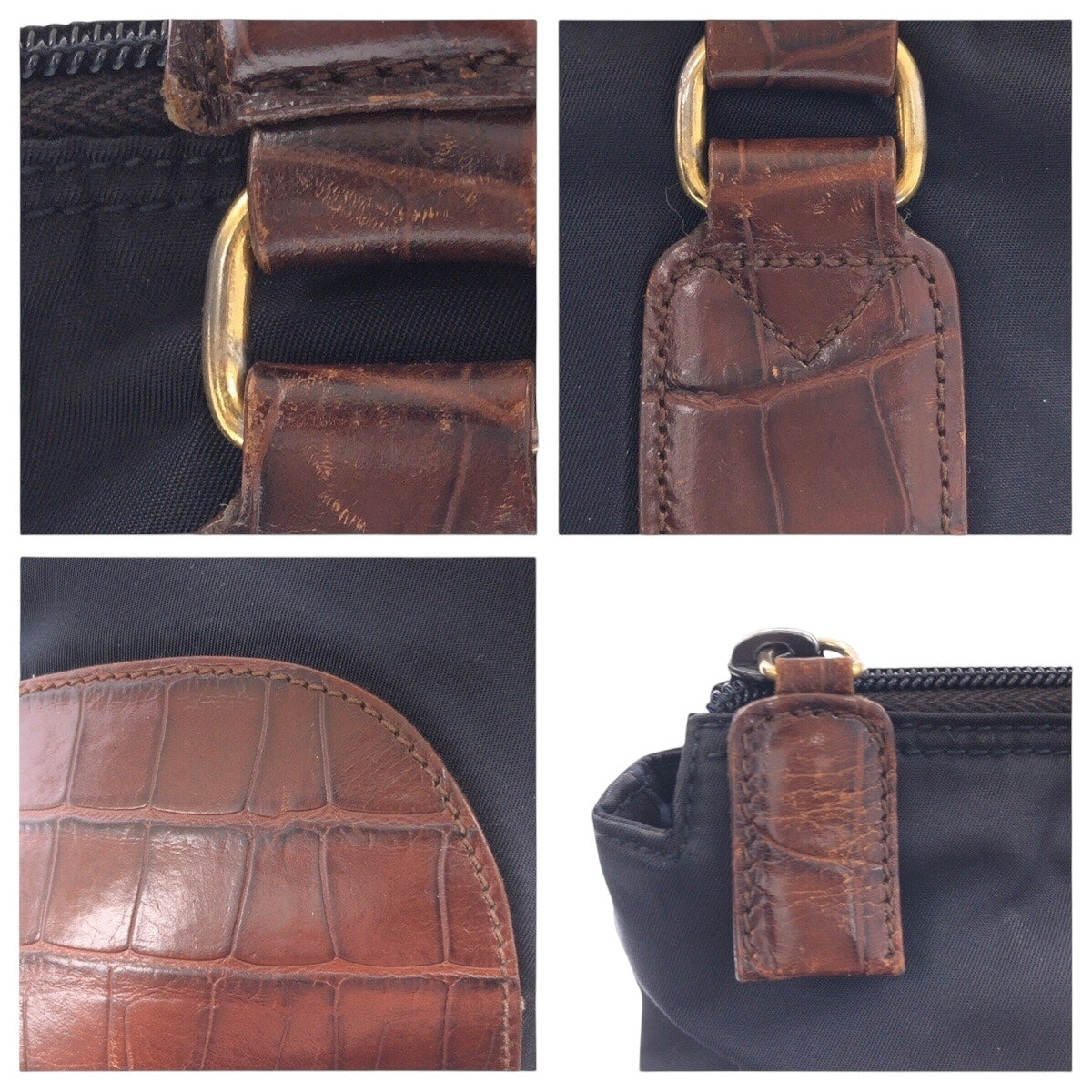 14821
PRADA プラダ テスート 型押し 三角ロゴプレート ネイビー ブラウン ゴールド金具 ナイロン / レザー トートバッグ ハンドバッグ  レディース ABP22