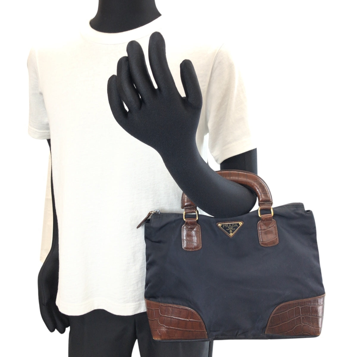 14821
PRADA プラダ テスート 型押し 三角ロゴプレート ネイビー ブラウン ゴールド金具 ナイロン / レザー トートバッグ ハンドバッグ  レディース ABP22