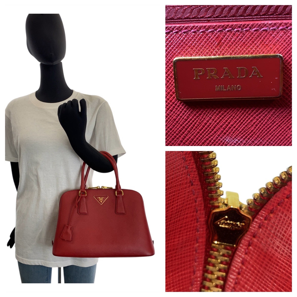 14823
PRADA プラダ サフィアーノ プロムナード 三角ロゴプレート レッド ゴールド金具 レザー ハンドバッグ  レディース ABP55