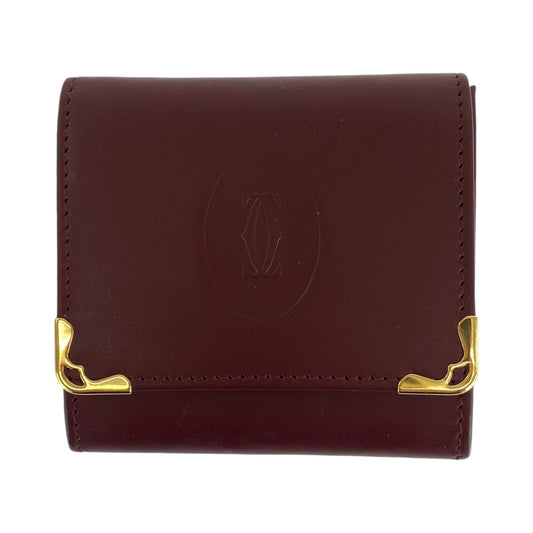 14842
 CARTIER Must Line Wine Red Bordeaux Gold Hardware Leather Coin Case Purse Unisex Women's