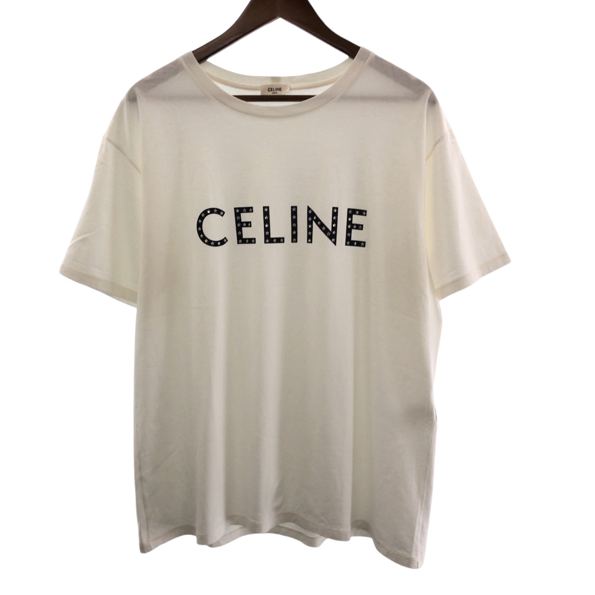 14844
CELINE セリーヌ ロゴ ラインストーン サイズL ホワイト ブラック コットン 2X47F671Q 半袖Tシャツ カットソー  メンズ A41