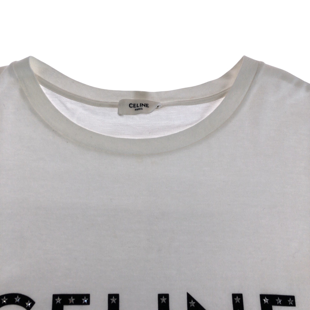 14844
CELINE セリーヌ ロゴ ラインストーン サイズL ホワイト ブラック コットン 2X47F671Q 半袖Tシャツ カットソー  メンズ A41