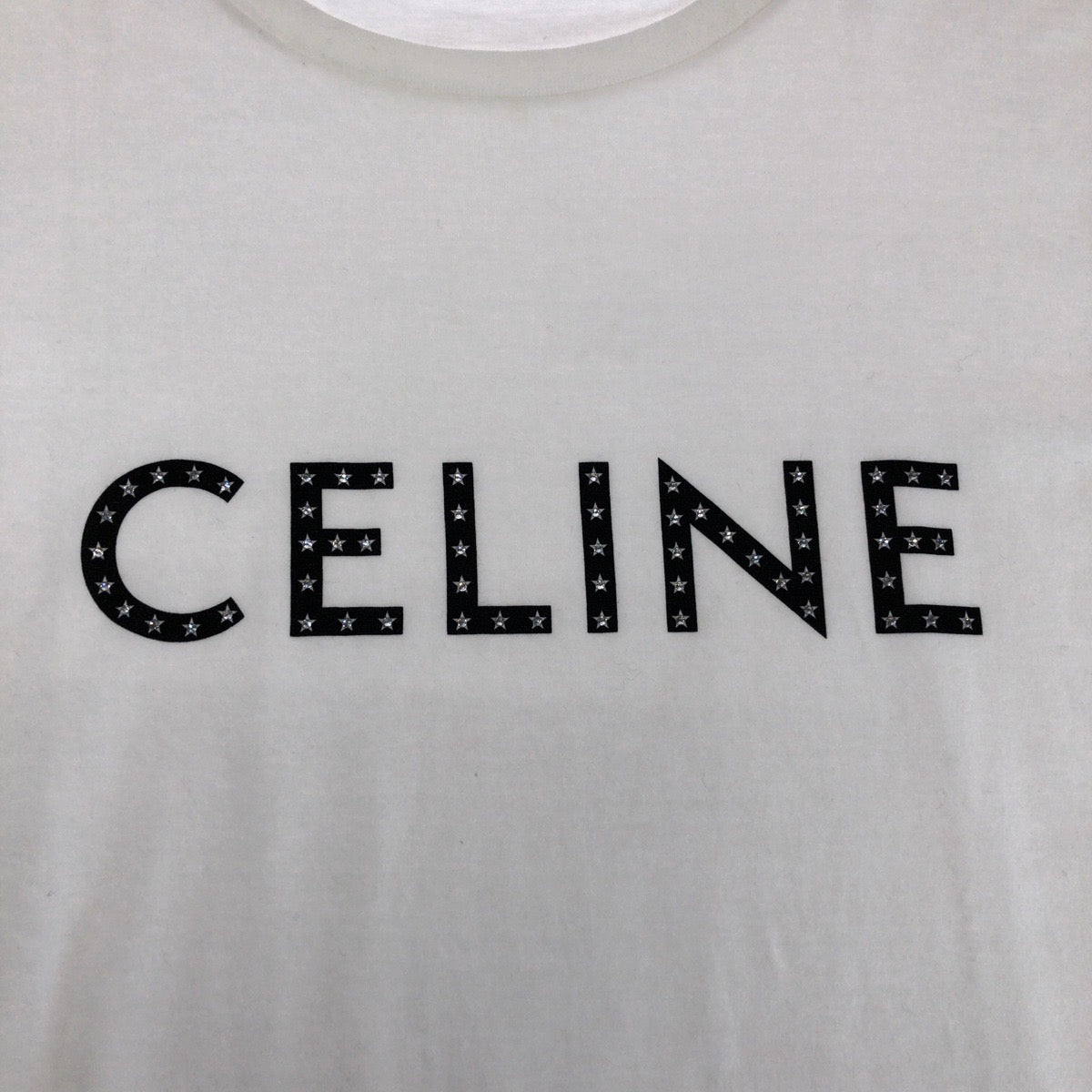 14844
CELINE セリーヌ ロゴ ラインストーン サイズL ホワイト ブラック コットン 2X47F671Q 半袖Tシャツ カットソー  メンズ A41
