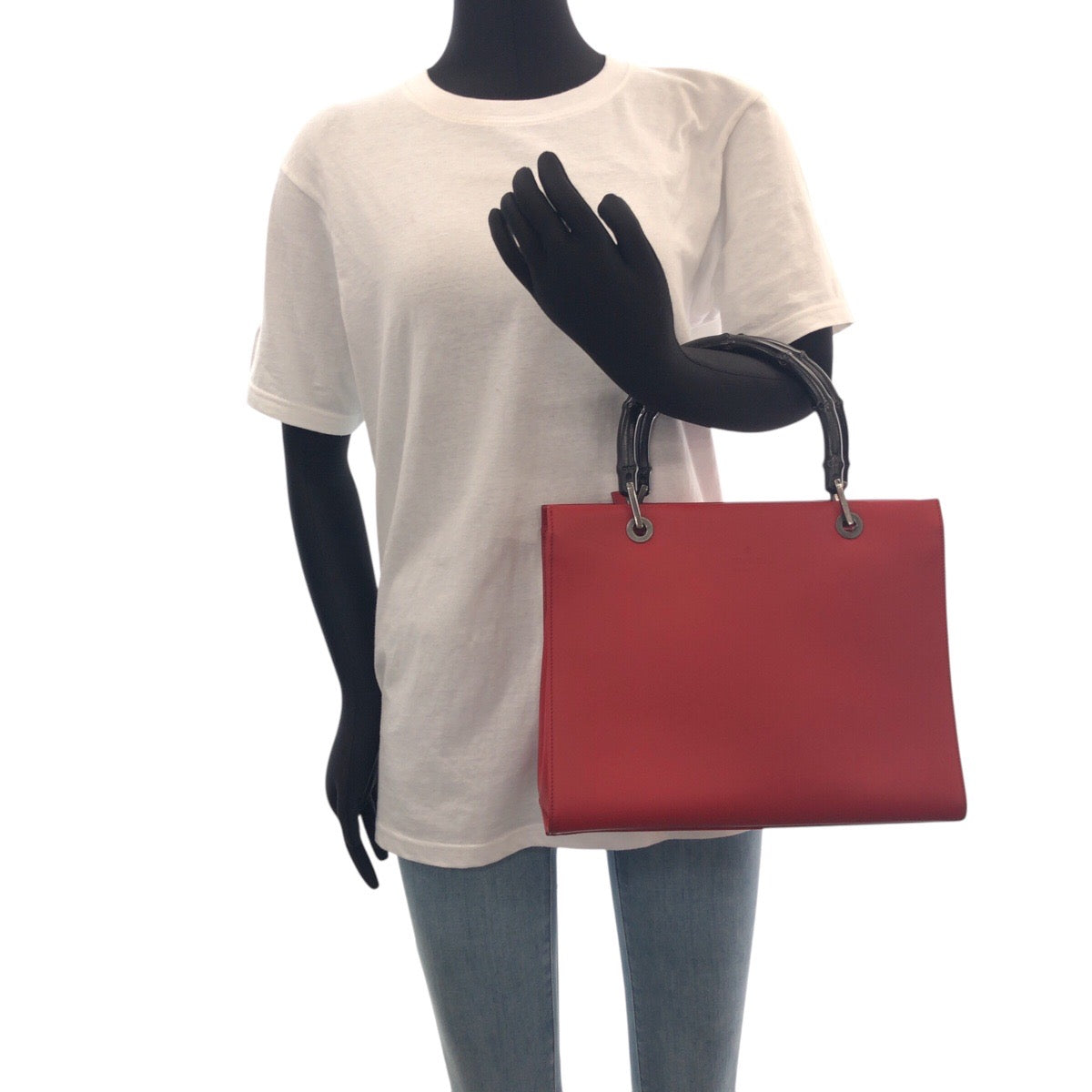 14848
 GUCCI Bamboo Red Black Leather 012 1016 Tote Bag Shoulder Bag 2WAY Women's