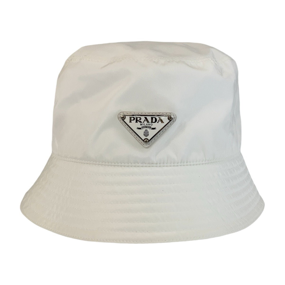 14853
PRADA プラダ テスート 三角ロゴプレート ホワイト 白 シルバー金具 ナイロン バケットハット  レディース A35