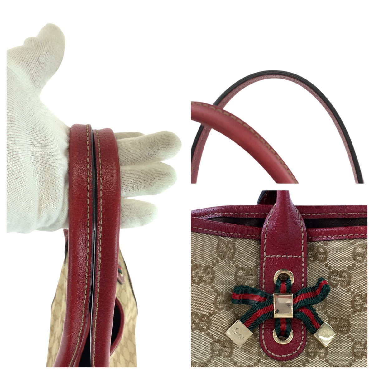 14872
GUCCI グッチ シェリーライン プリンシー ベージュ レッド ゴールド金具 GGキャンバス / レザー 163805 トートバッグ ショルダーバッグ  レディース ABP32