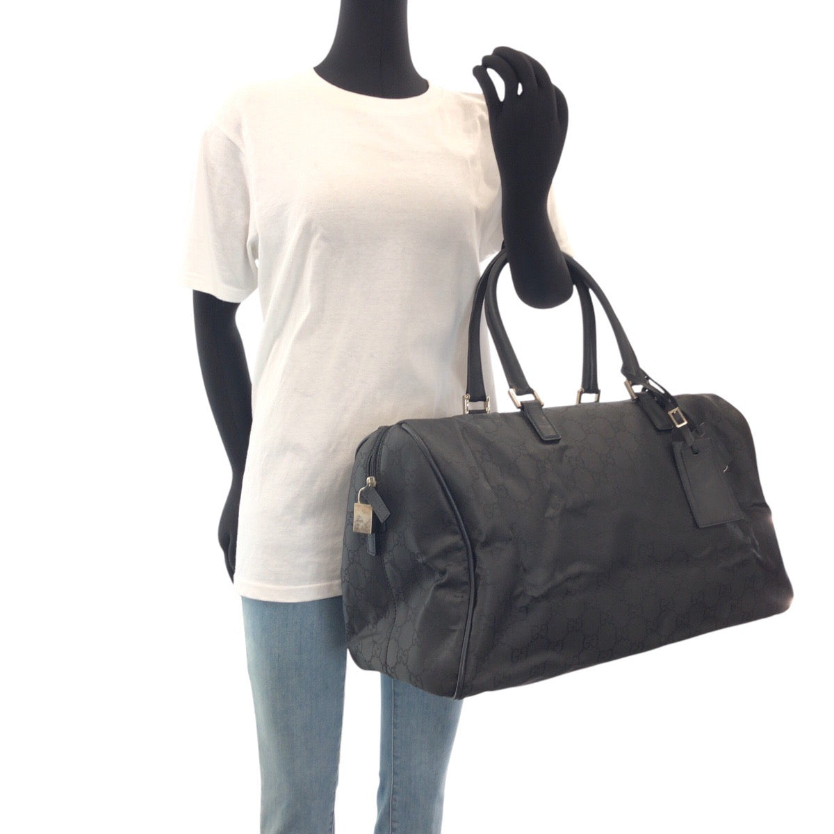14874
GUCCI グッチ ブラック 黒 シルバー金具 GGキャンバス / レザー ボストンバッグ 男女兼用  メンズ