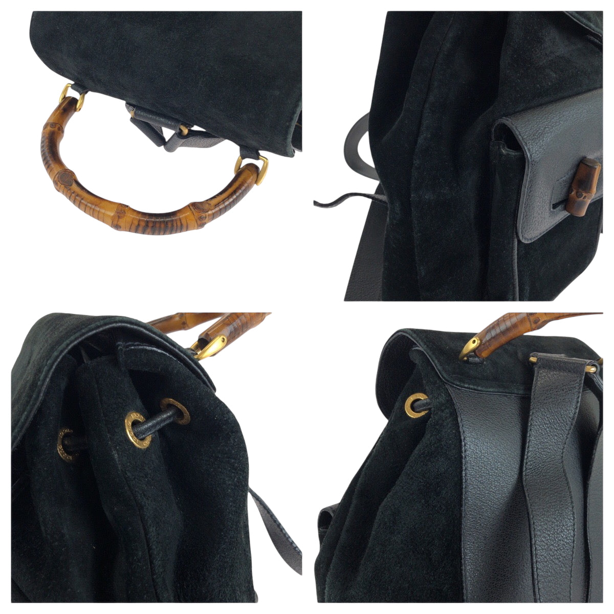 14880
GUCCI グッチ ヴィンテージ バンブー ブラック 黒 ゴールド金具 スウェード / レザー 003 2058 リュックサック バックパック  レディース ABP32