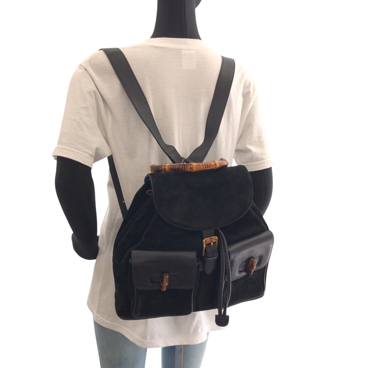 14880
GUCCI グッチ ヴィンテージ バンブー ブラック 黒 ゴールド金具 スウェード / レザー 003 2058 リュックサック バックパック  レディース ABP32