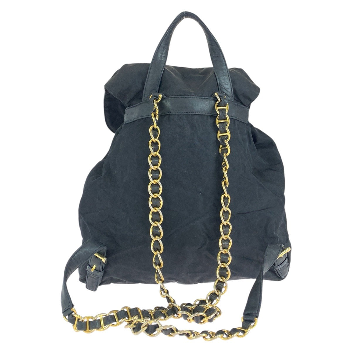 14896
PRADA プラダ テスート 三角ロゴプレート チェーンショルダー ブラック 黒 ゴールド金具 ナイロン / レザー リュック・デイパック バックパック  レディース