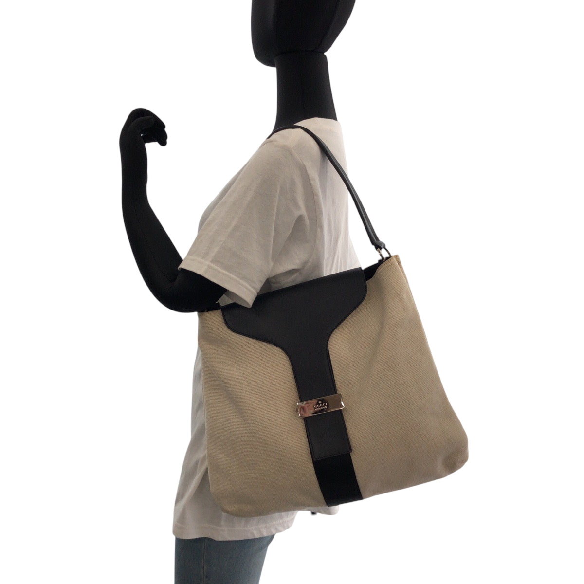 14920
GUCCI グッチ アイボリー ブラック 黒 シルバー金具 コットン 001 4014 001013 ホーボー ワンショルダーバッグ 肩掛け  レディース