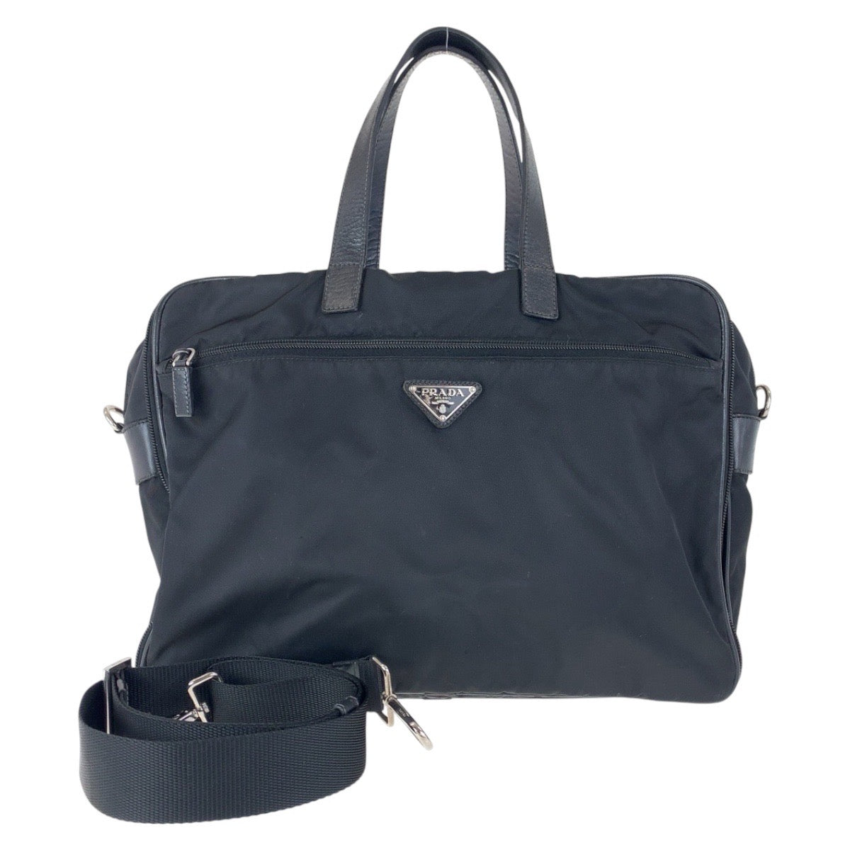 14939
PRADA プラダ テスート サフィアーノ 三角ロゴプレート ブラック 黒 シルバー金具 ナイロン / レザー ビジネスバッグ ブリーフケース 2way  メンズ