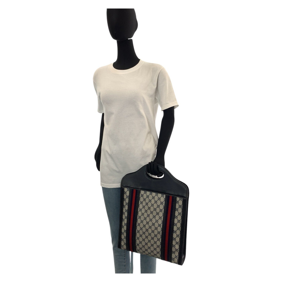 14967
GUCCI グッチ シェリーライン ネイビー グレー GGスプリームキャンバス / レザー トートバッグ  レディース