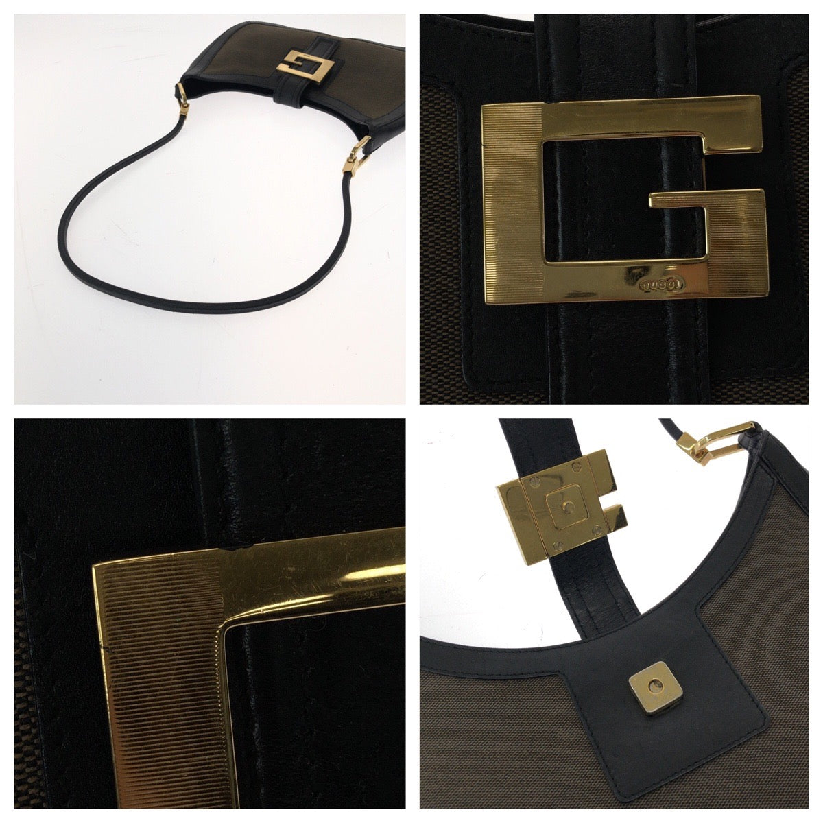 14975
GUCCI グッチ ホーボー ブラウン ブラック ゴールド金具 コットン 001 4141 ホーボー ワンショルダーバッグ 肩掛け  レディース