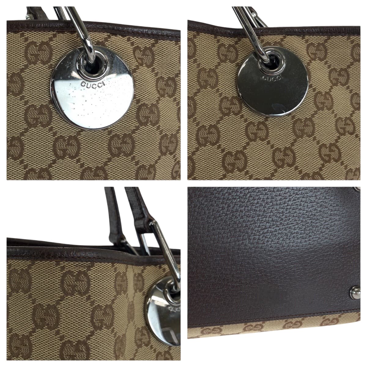 14993
GUCCI グッチ ベージュ ブラウン シルバー金具 GGキャンバス 120836 トートバッグ ショルダーバッグ  レディース