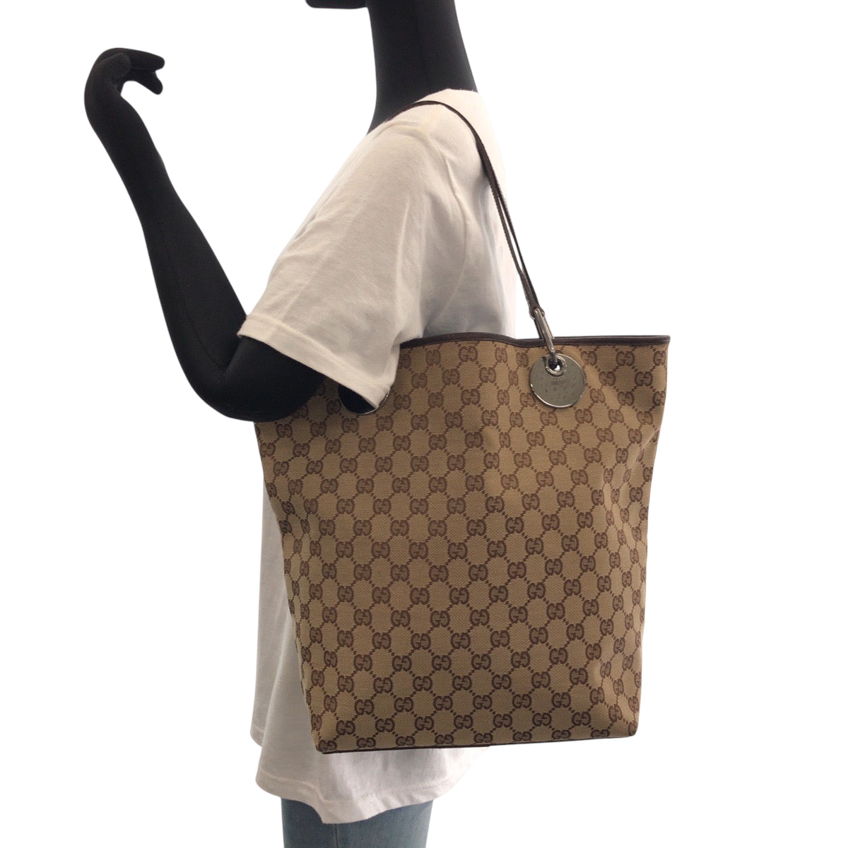 14993
GUCCI グッチ ベージュ ブラウン シルバー金具 GGキャンバス 120836 トートバッグ ショルダーバッグ  レディース