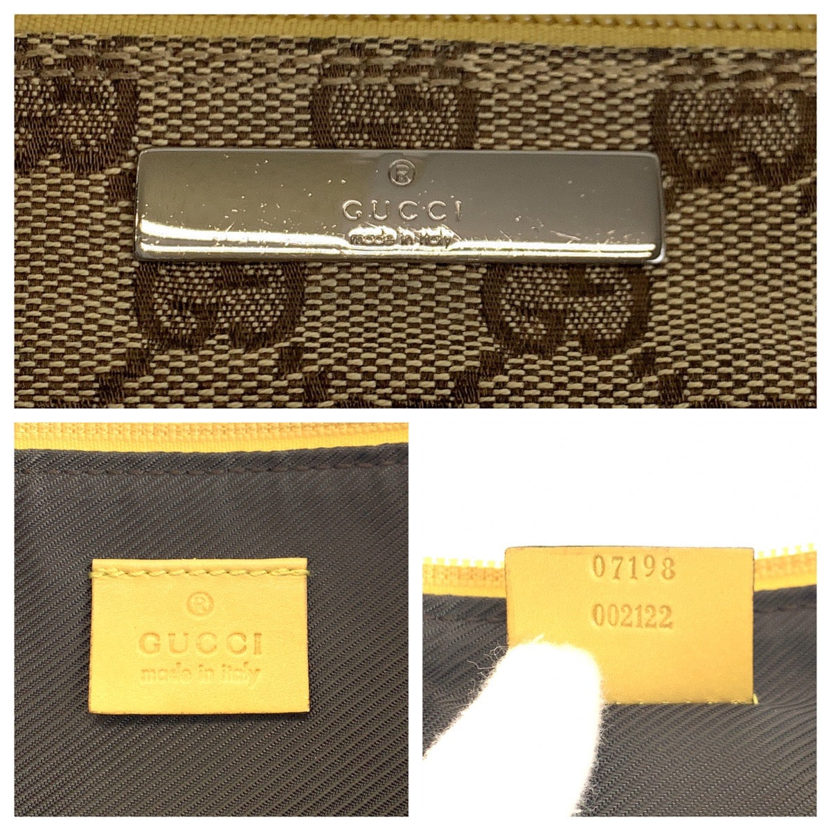 15017
GUCCI グッチ ベージュ ブラウン イエロー シルバー金具 GGキャンバス 7198 ハンドバッグ アクセサリーポーチ  レディース