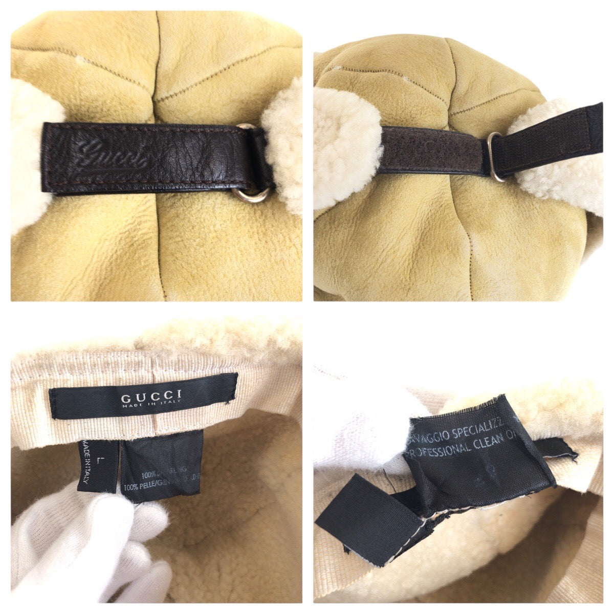 15037
GUCCI グッチ 表記サイズ L ベージュ ホワイト ウール / スウェード ムートンフライトキャップ  メンズ