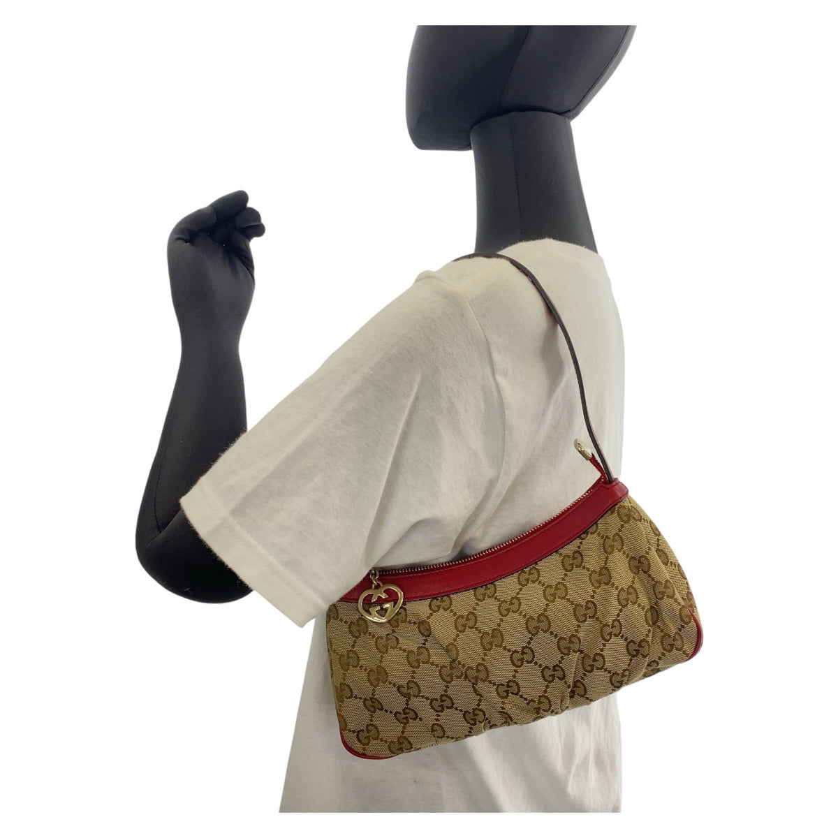 15047
GUCCI グッチ ベージュ レッド ゴールド金具 GGキャンバス / レザー ショルダーバッグ アクセサリーポーチ  レディース