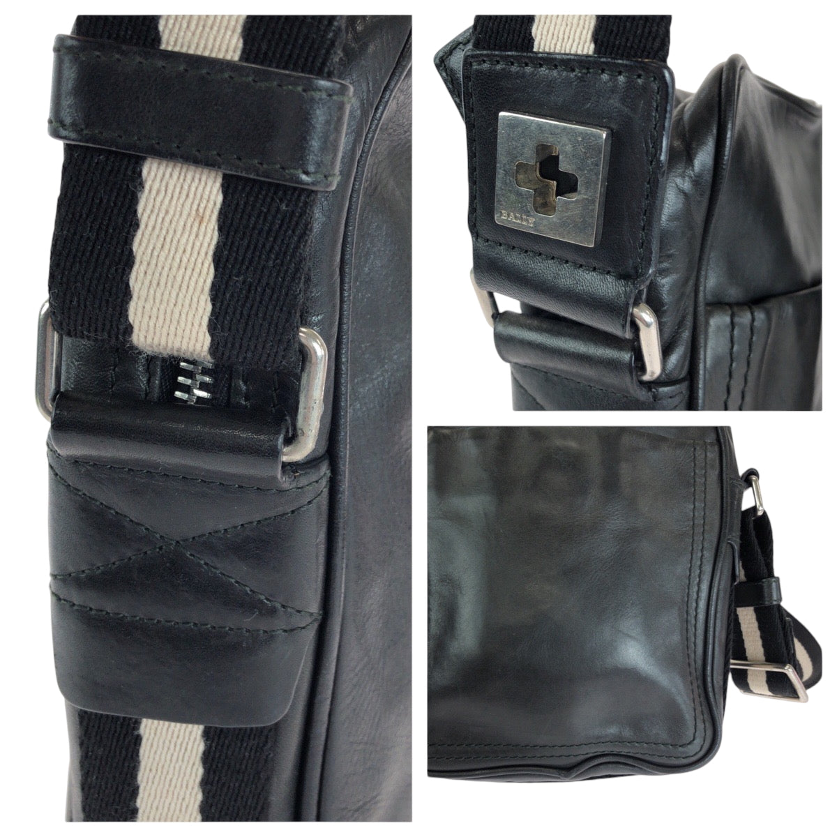 15051
BALLY バリー ストライプ ブラック 黒 ホワイト シルバー金具 レザー TABELLO SM ショルダーバッグ サコッシュ  メンズ