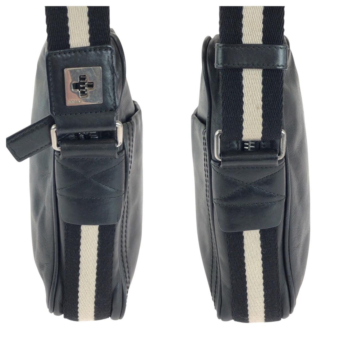 15051
BALLY バリー ストライプ ブラック 黒 ホワイト シルバー金具 レザー TABELLO SM ショルダーバッグ サコッシュ  メンズ