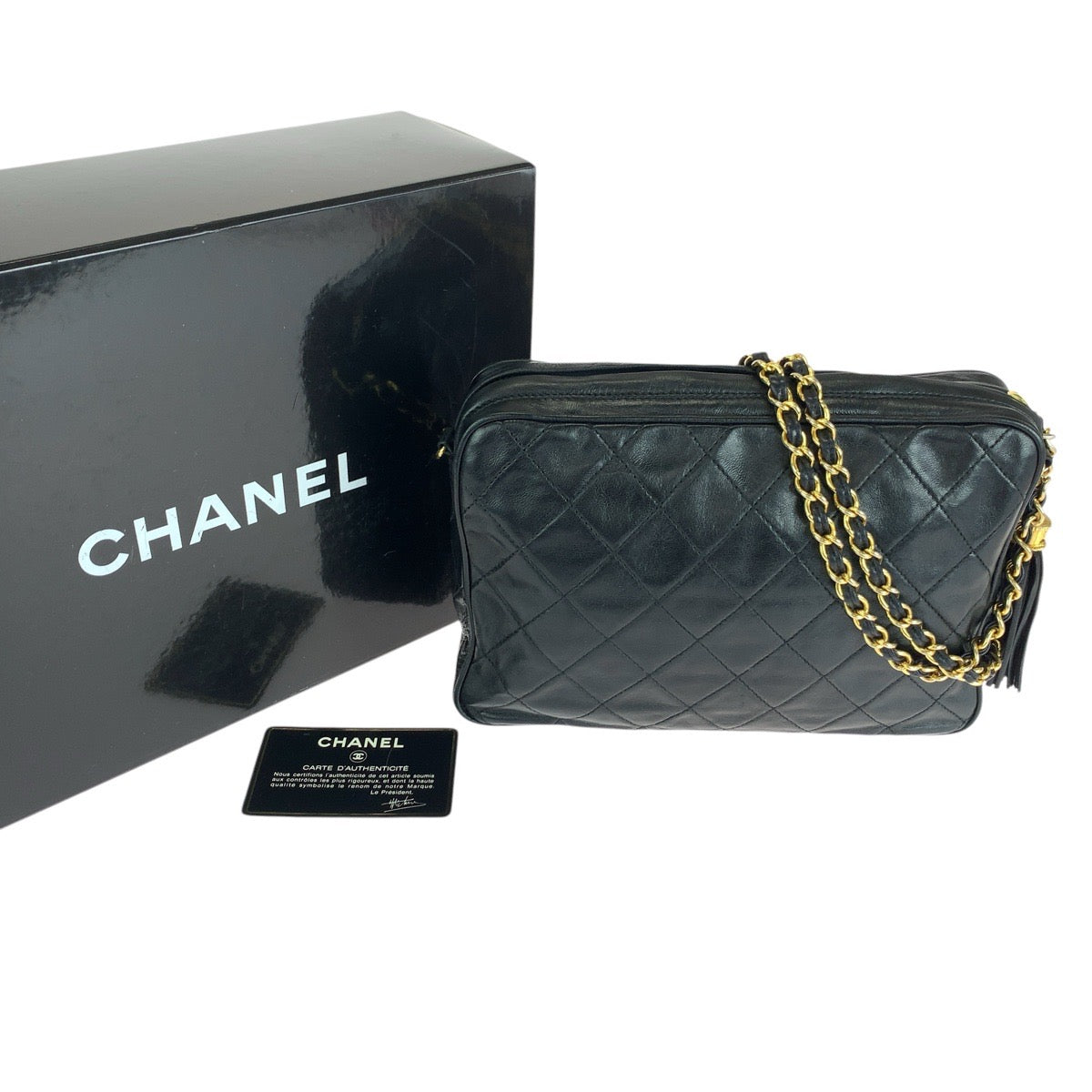 15055
CHANEL シャネル ヴィンテージ マトラッセ フリンジ ブラック 黒 ゴールド金具 ラムスキン ショルダーバッグ  レディース
