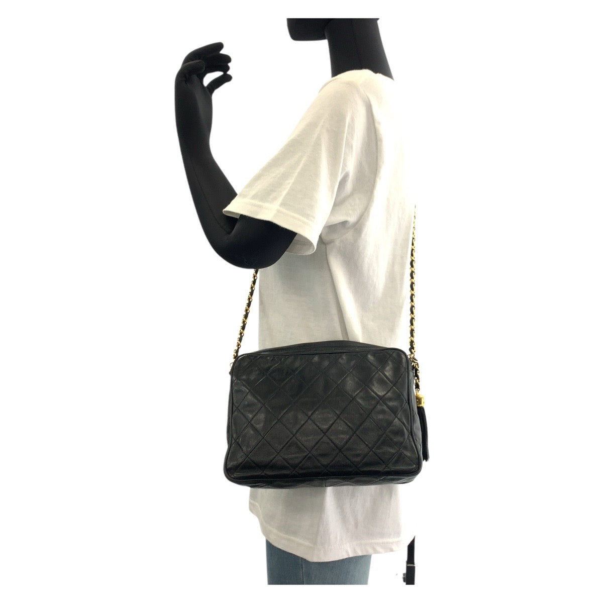 15055
CHANEL シャネル ヴィンテージ マトラッセ フリンジ ブラック 黒 ゴールド金具 ラムスキン ショルダーバッグ  レディース