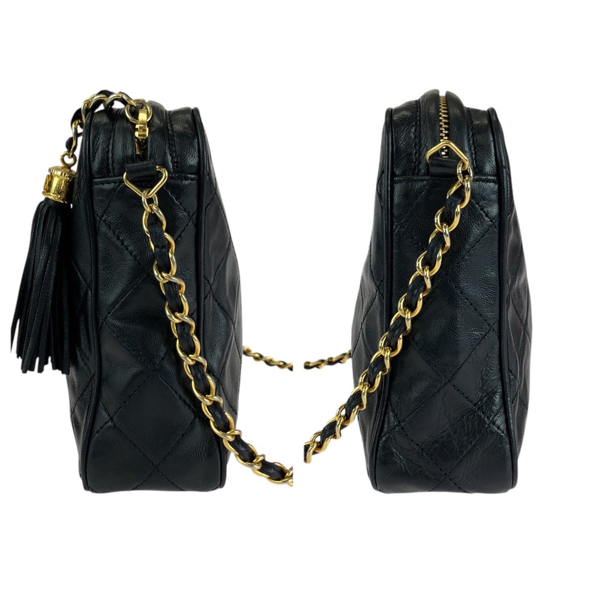 15055
CHANEL シャネル ヴィンテージ マトラッセ フリンジ ブラック 黒 ゴールド金具 ラムスキン ショルダーバッグ  レディース