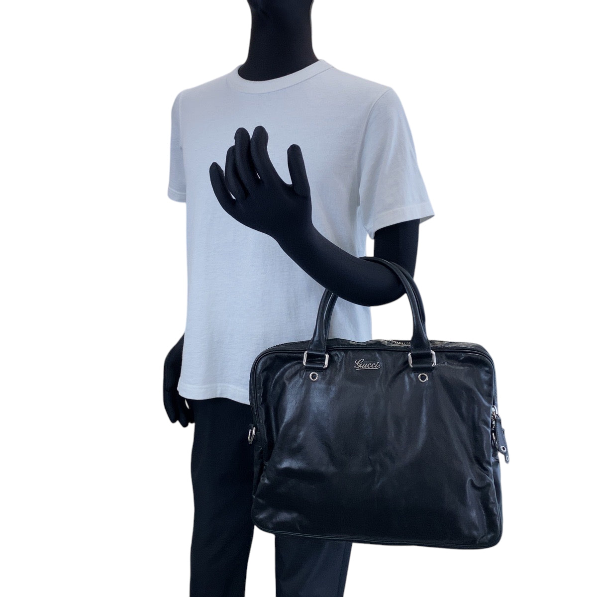 15073
GUCCI グッチ ブラック 黒 シルバー金具 レザー 211113 ビジネスバッグ ハンドバッグ  メンズ A39