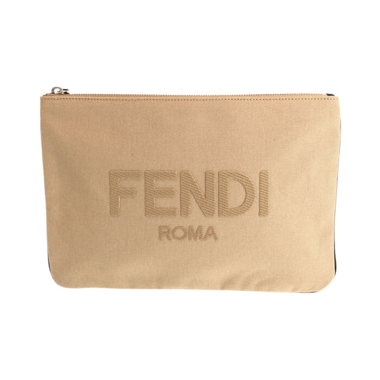 15086
FENDI フェンディ ロゴ ベージュ シルバー金具 キャンバス クラッチバッグ セカンドバッグ ポーチ  レディース