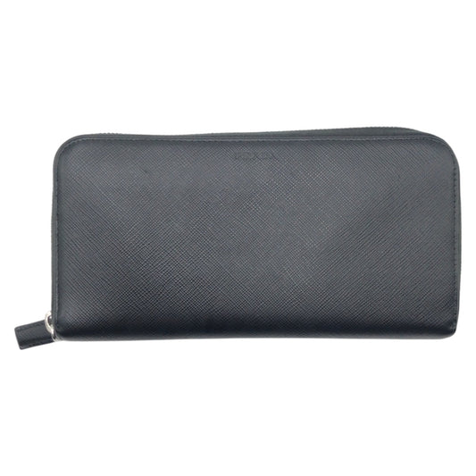 15089
 PRADA Prada Saffiano Black Silver Hardware Leather Long Wallet Round Zipper Unisex Men's