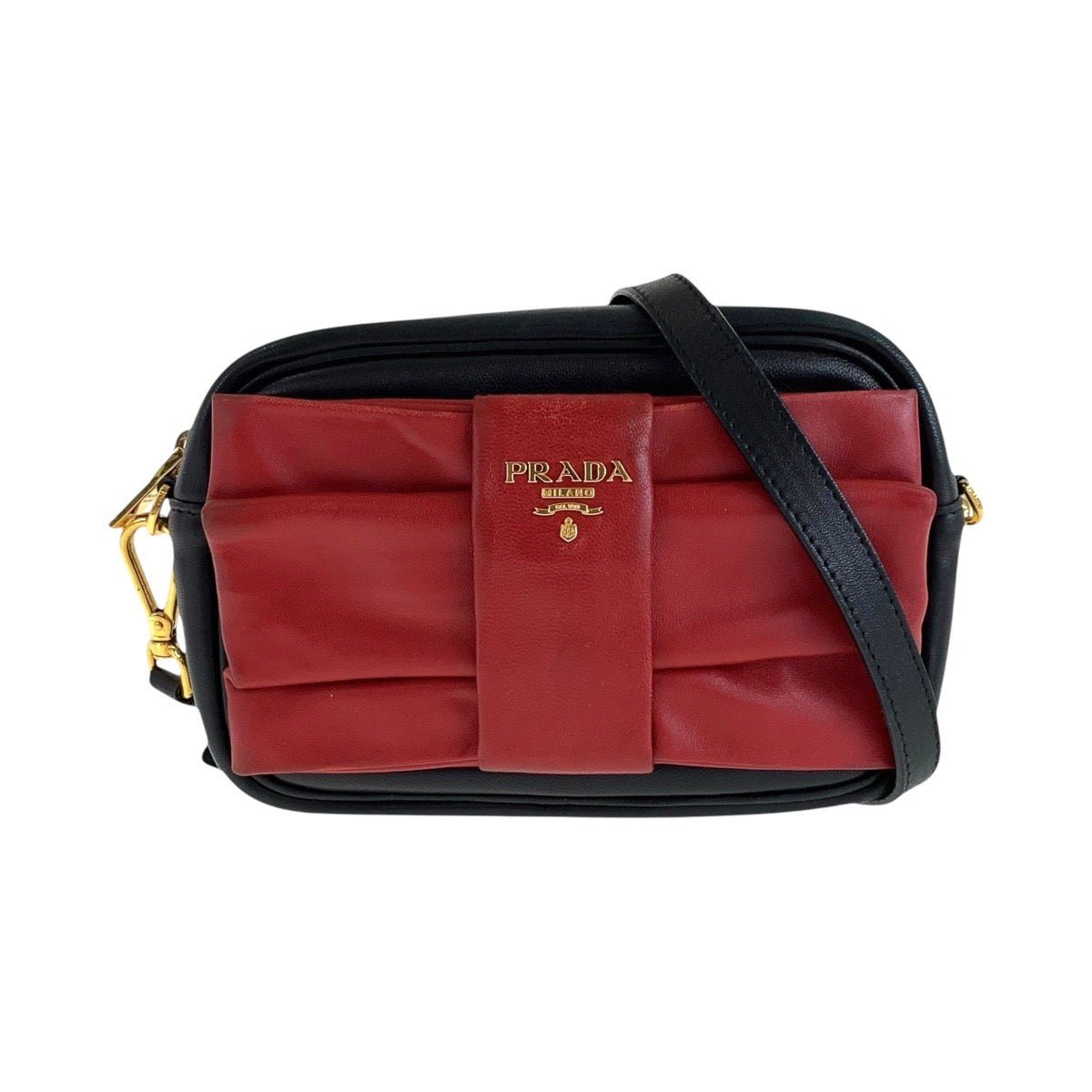 15092
PRADA プラダ リボン レッド ブラック 黒 ゴールド金具 レザー ショルダーバッグ ポシェット レディース ABP41