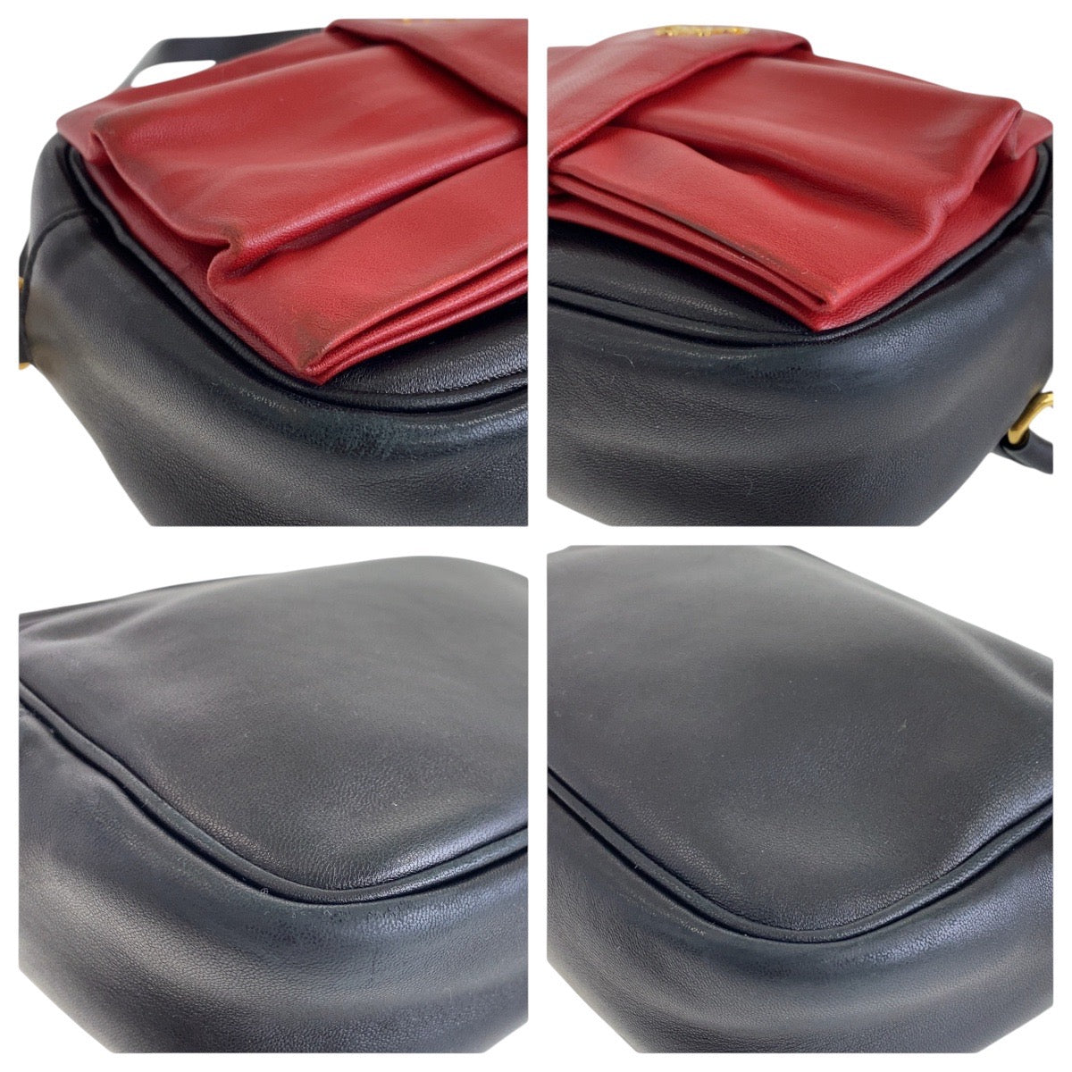 15092
PRADA プラダ リボン レッド ブラック 黒 ゴールド金具 レザー ショルダーバッグ ポシェット レディース ABP41