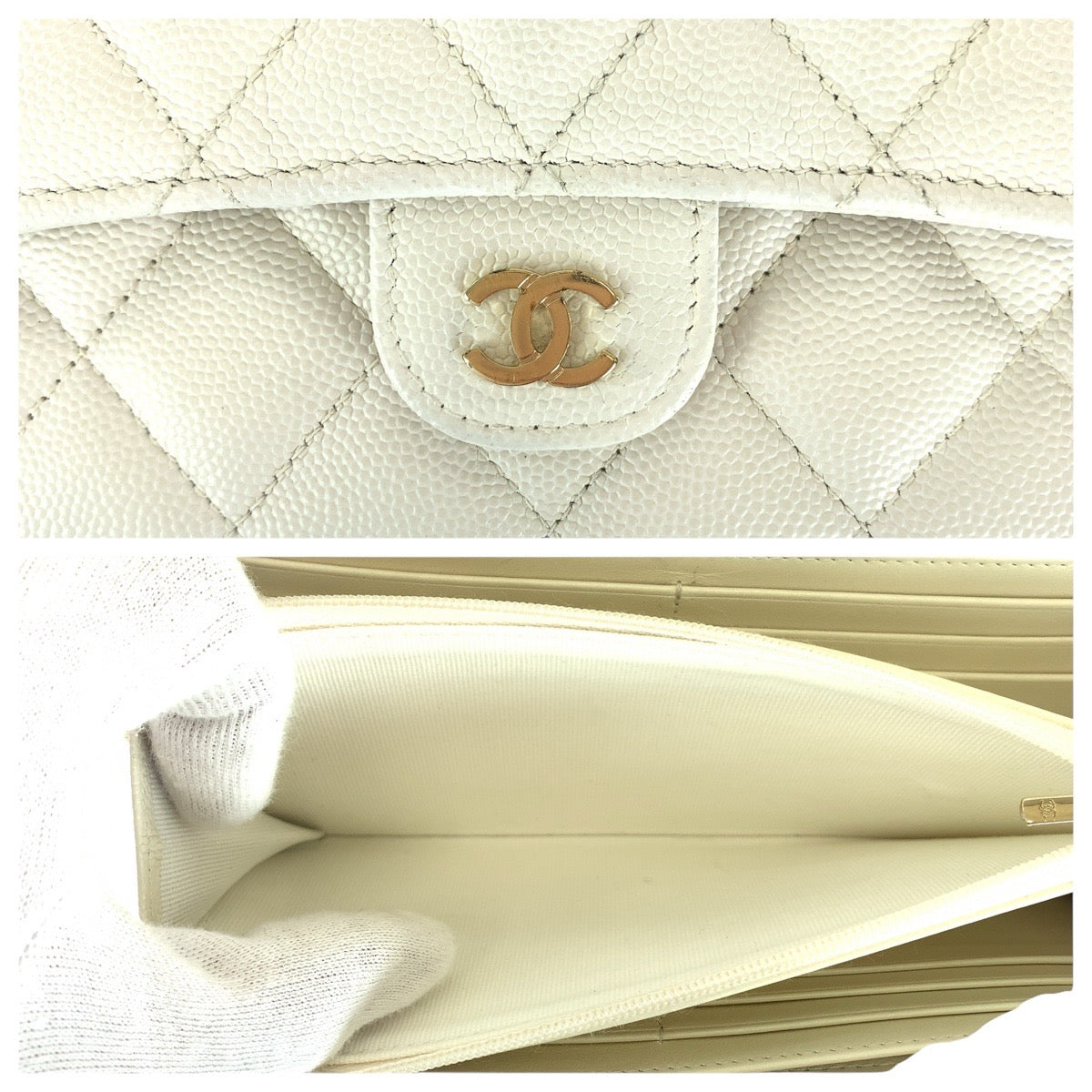 15096
CHANEL シャネル マトラッセ ココマーク ホワイト ゴールド金具 キャビアスキン 長財布 ロングウォレット  レディース