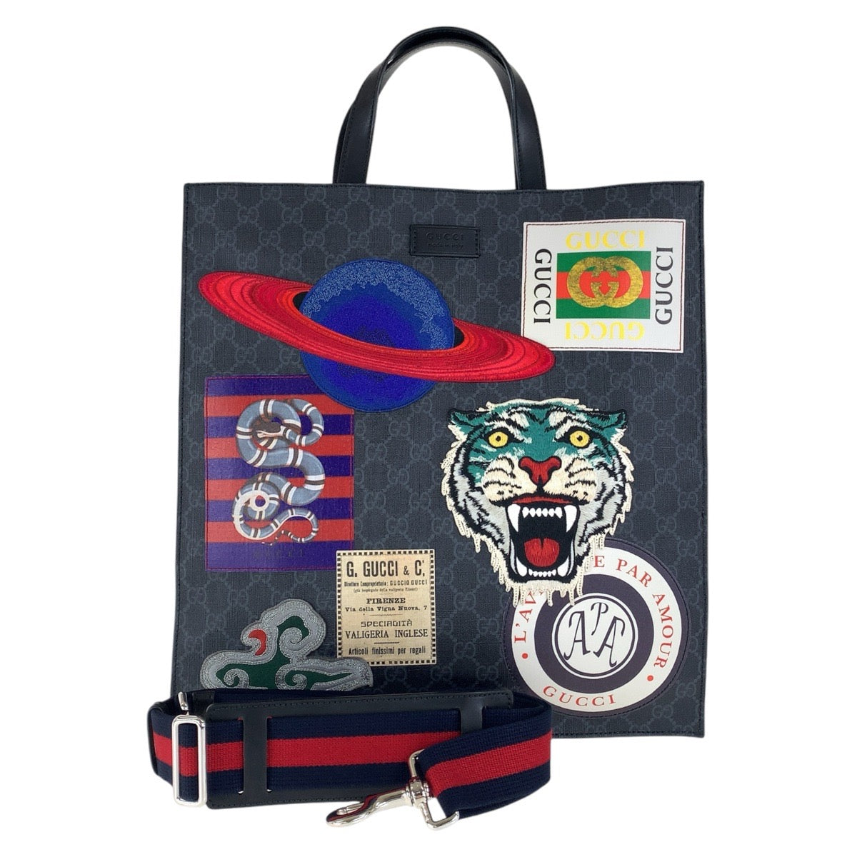 15103
GUCCI グッチ シェリーライン クーリエ ワッペン 刺繍 ブラック 黒 マルチカラー シルバー金具 GGスプリームキャンバス / レザー 495559 トートバッグ ショルダーバッグ 2way  メンズ A70