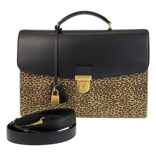15128
CELINE セリーヌ レオパード ヒョウ柄 ブラック 黒 ブラウン ゴールド金具 レザー / ハラコ ビジネスバッグ ブリーフケース 2way  メンズ