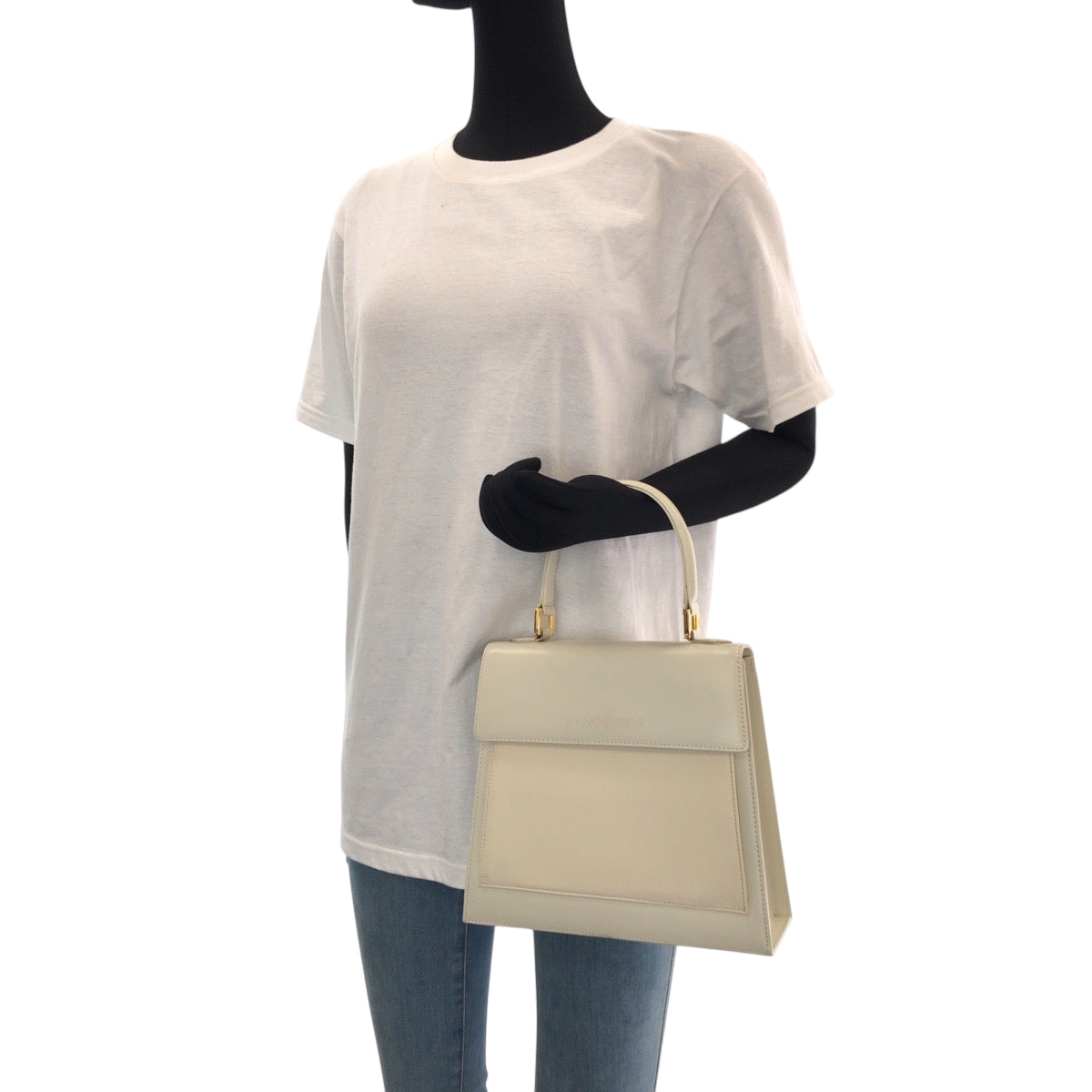 15129
YVES SAINT LAURENT イヴ サンローラン ヴィンテージ YSL ホワイト アイボリー ゴールド金具 レザー ハンドバッグ レディース A32