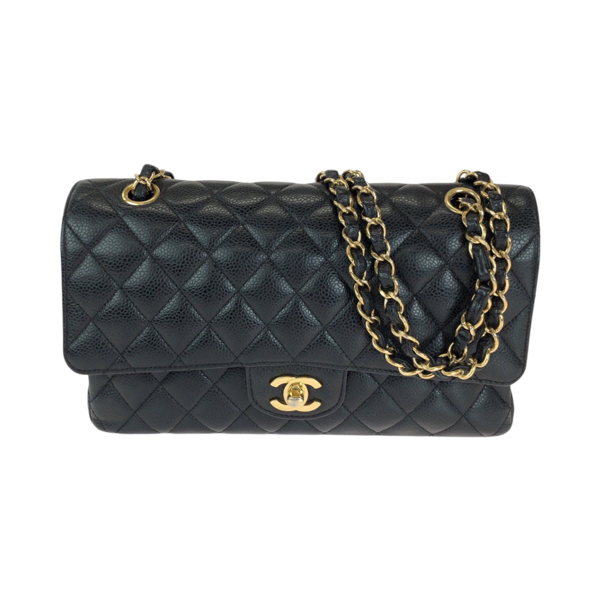 15134
CHANEL シャネル マトラッセ ダブルフラップ ココマーク ターンロック ブラック 黒 ゴールド金具 キャビアスキン チェーンショルダーバッグ  レディース A880