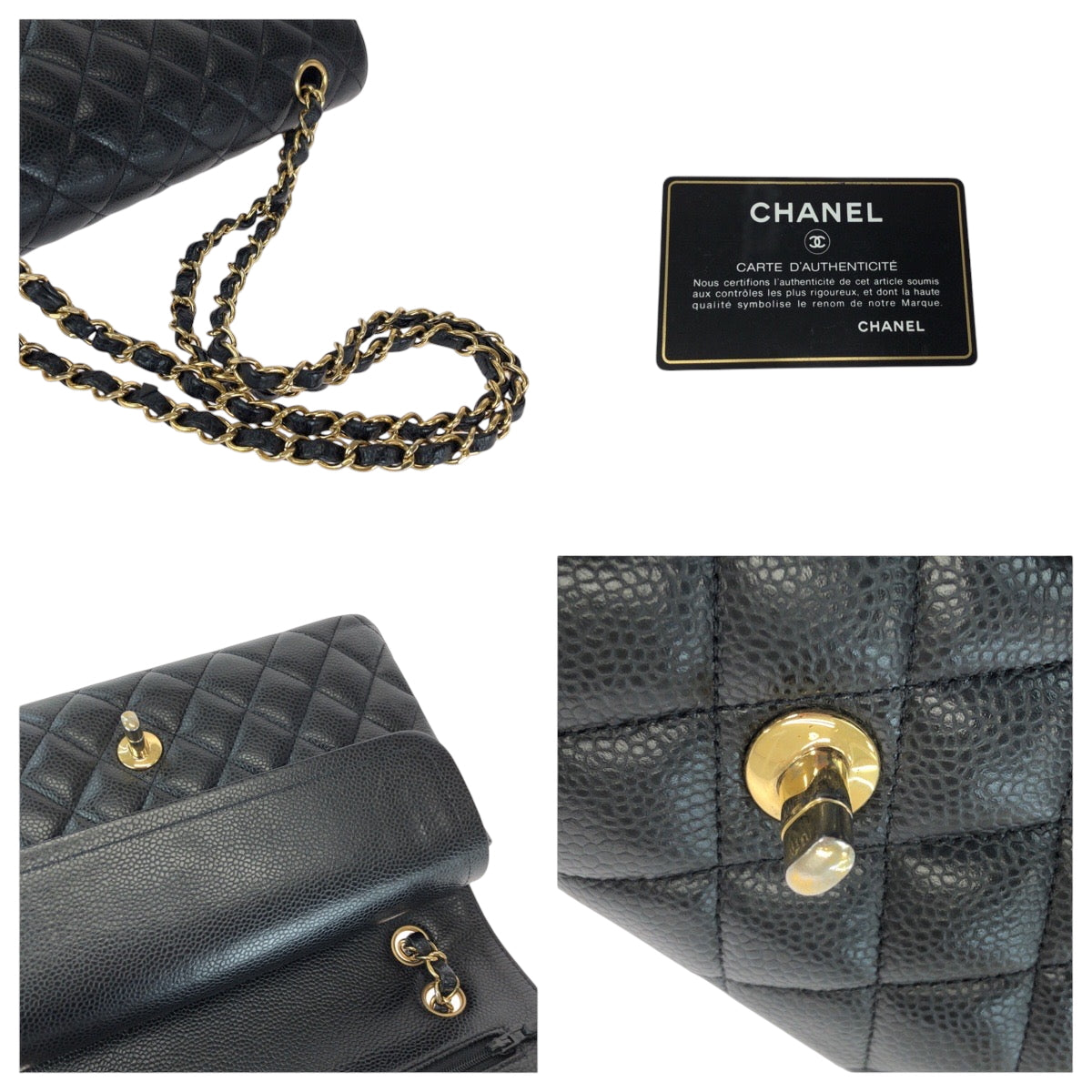 15134
CHANEL シャネル マトラッセ ダブルフラップ ココマーク ターンロック ブラック 黒 ゴールド金具 キャビアスキン チェーンショルダーバッグ  レディース A880