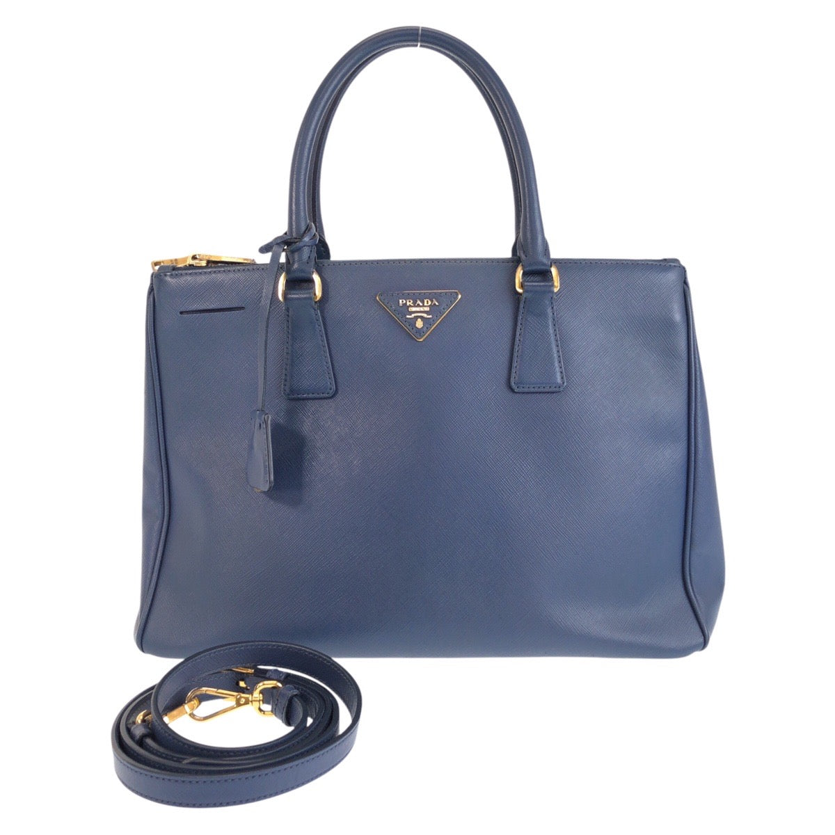 15136
PRADA プラダ サフィアーノ ガレリア 三角ロゴプレート ブルー ゴールド金具 レザー ハンドバッグ ショルダーバッグ 2way  レディース