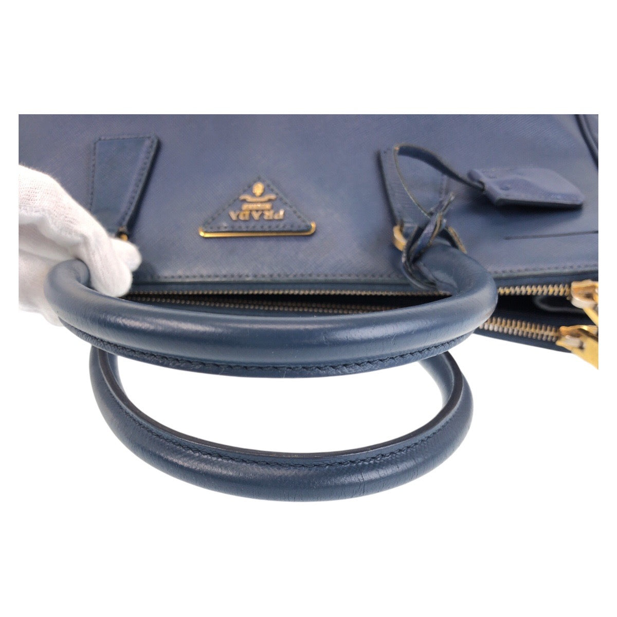 15136
PRADA プラダ サフィアーノ ガレリア 三角ロゴプレート ブルー ゴールド金具 レザー ハンドバッグ ショルダーバッグ 2way  レディース