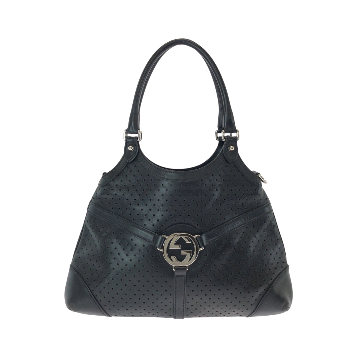 15138
GUCCI グッチ インターロッキング ブラック 黒 シルバー金具 レザー 114875 ホーボー ショルダーバッグ 肩掛け  レディース