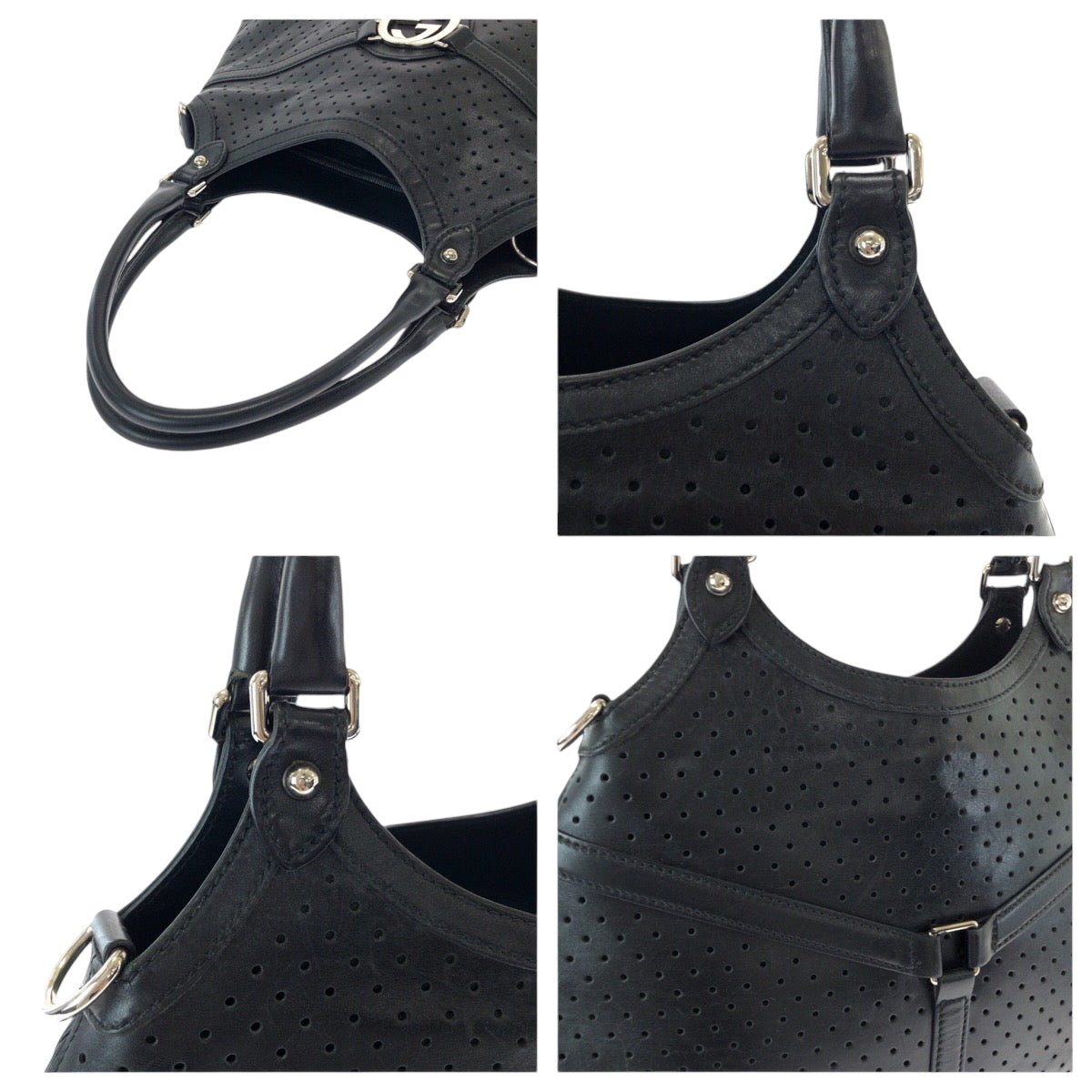 15138
GUCCI グッチ インターロッキング ブラック 黒 シルバー金具 レザー 114875 ホーボー ショルダーバッグ 肩掛け  レディース