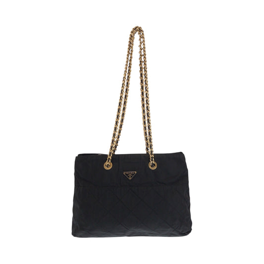 15145
PRADA プラダ ヴィンテージ キルティング テスート 三角ロゴプレート ブラック 黒 ゴールド金具 ナイロン チェーントートバッグ ショルダーバッグ  レディース