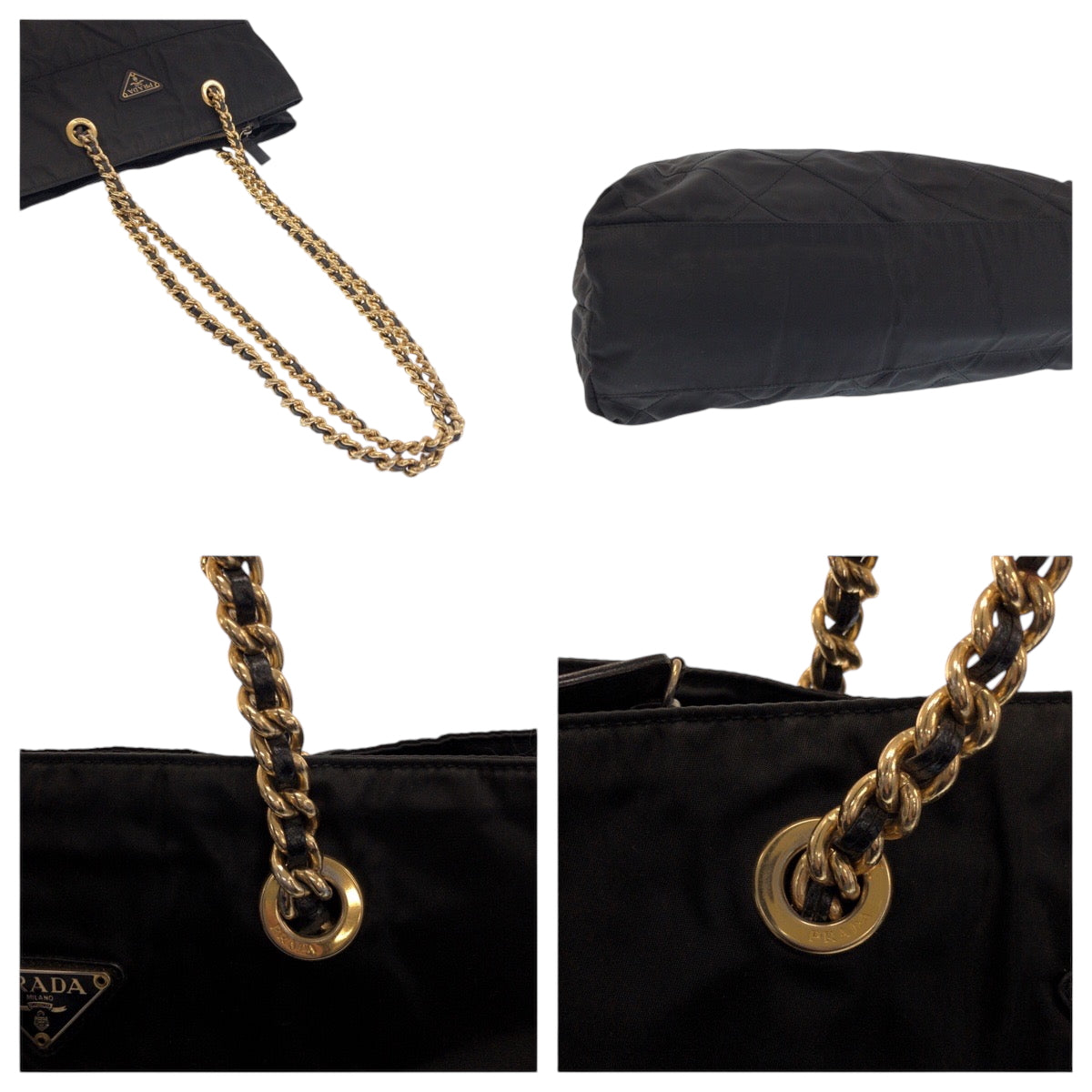 15145
PRADA プラダ ヴィンテージ キルティング テスート 三角ロゴプレート ブラック 黒 ゴールド金具 ナイロン チェーントートバッグ ショルダーバッグ  レディース