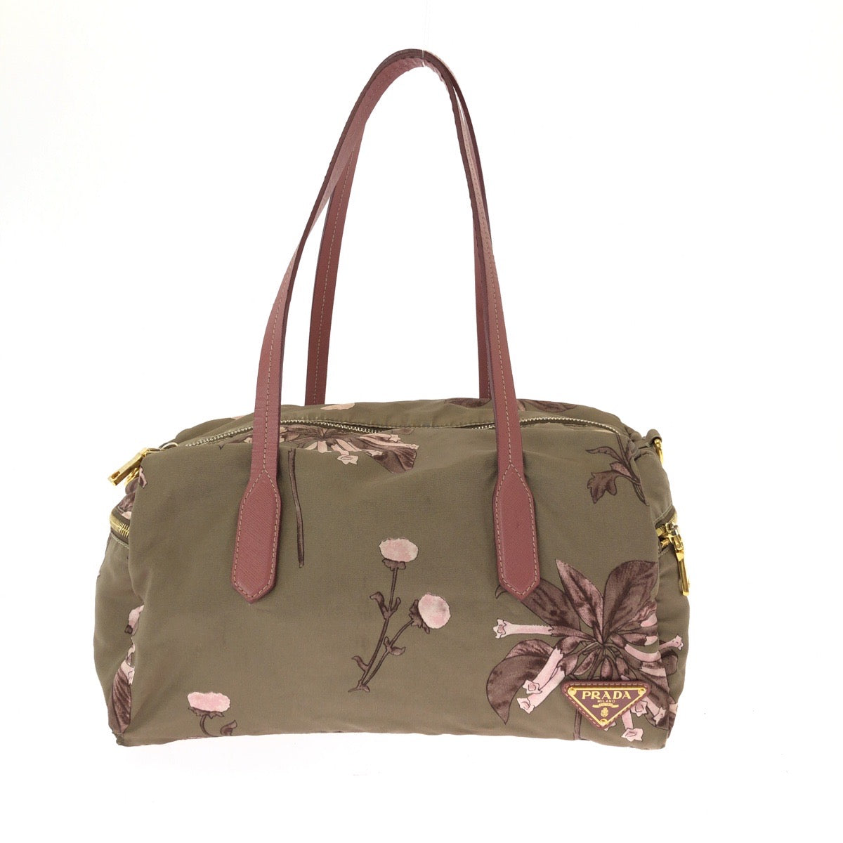 15148
PRADA プラダ テスート 花柄 三角ロゴプレート ベージュ ピンク ゴールド金具 ナイロン ハンドバッグ ショルダーバッグ ミニボストンバッグ  レディース