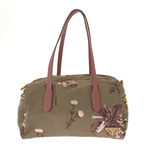 15148
PRADA プラダ テスート 花柄 三角ロゴプレート ベージュ ピンク ゴールド金具 ナイロン ハンドバッグ ショルダーバッグ ミニボストンバッグ  レディース