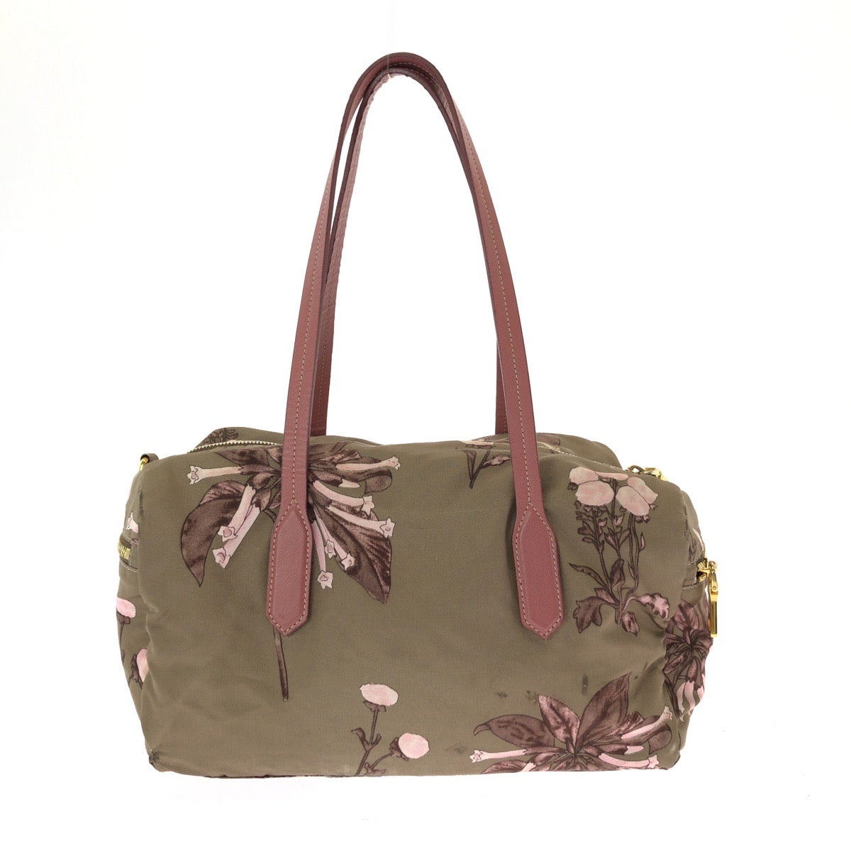 15148
PRADA プラダ テスート 花柄 三角ロゴプレート ベージュ ピンク ゴールド金具 ナイロン ハンドバッグ ショルダーバッグ ミニボストンバッグ  レディース