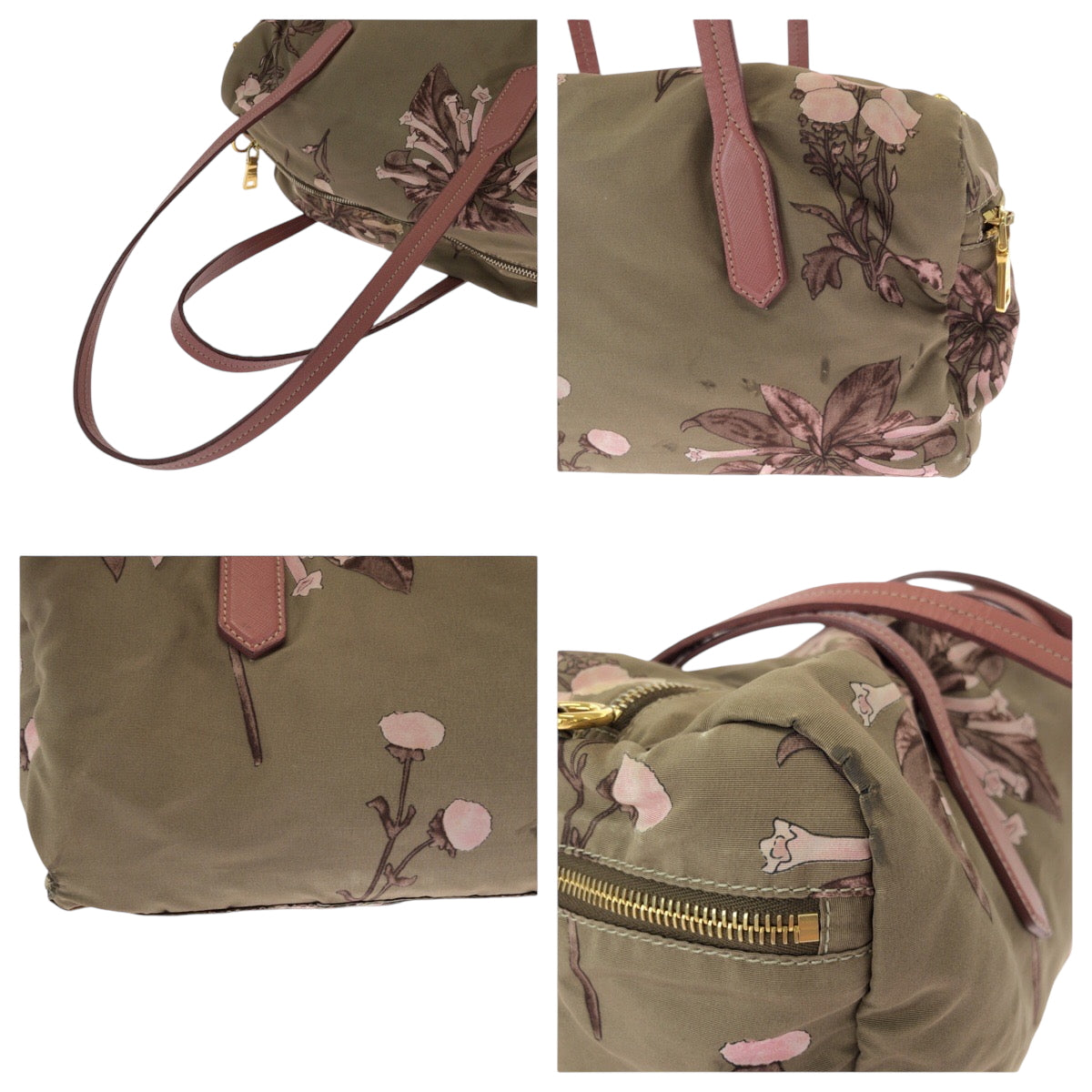 15148
PRADA プラダ テスート 花柄 三角ロゴプレート ベージュ ピンク ゴールド金具 ナイロン ハンドバッグ ショルダーバッグ ミニボストンバッグ  レディース